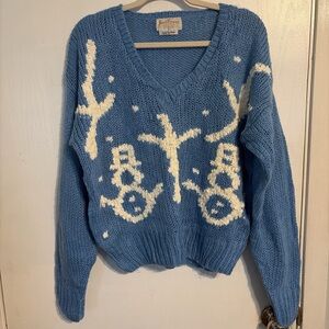 Jantzen Blue V-Neck Sweater with Snowman Design